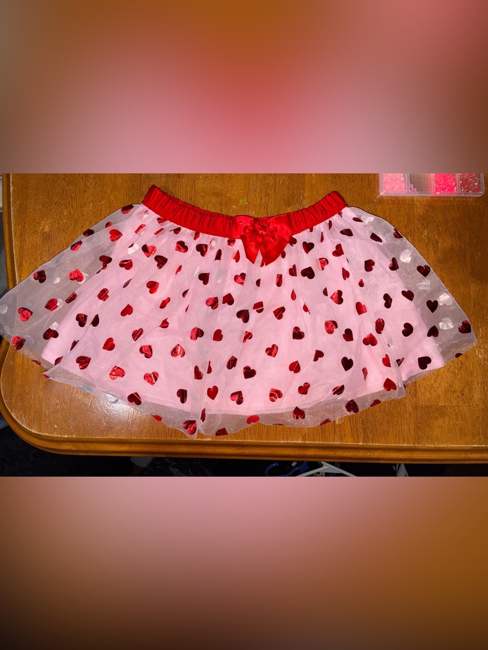 Girls Pink Tulle Skirt with Red Heart Accents